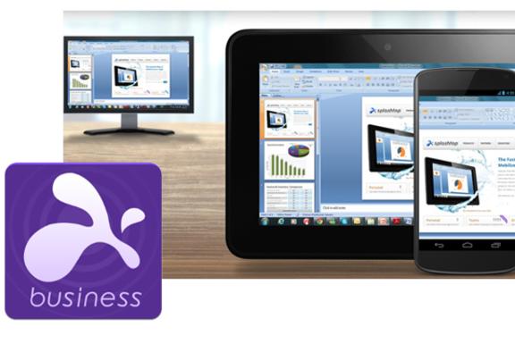 The Splashtop remote desktop app being using on a tablet, mobile device, and computer.