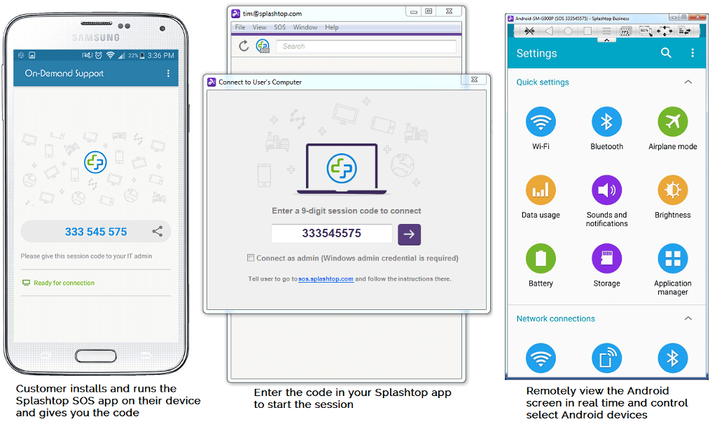 Steps to use Splashtop SOS: Customer runs the app on their device and shares a session code