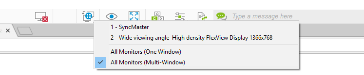 Splashtop interface showing monitor selection options: 1 - SyncMaster, 2 - Wide viewing angle