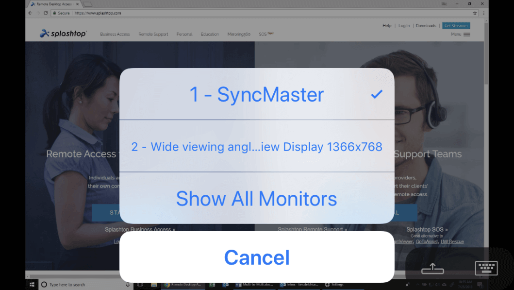 Splashtop interface displaying monitor selection options with '1 - SyncMaster' selected and '2