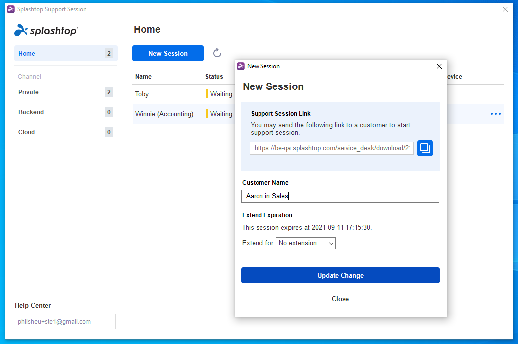 The screen displays a support session link and options to extend expiration, with existing sessions for Technicians in the queue