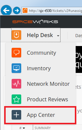 Screenshot of the Spiceworks application interface showing a dropdown menu