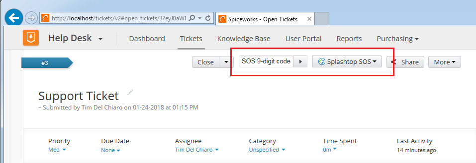 Screenshot of a Spiceworks Help Desk open ticket page showing a support ticket